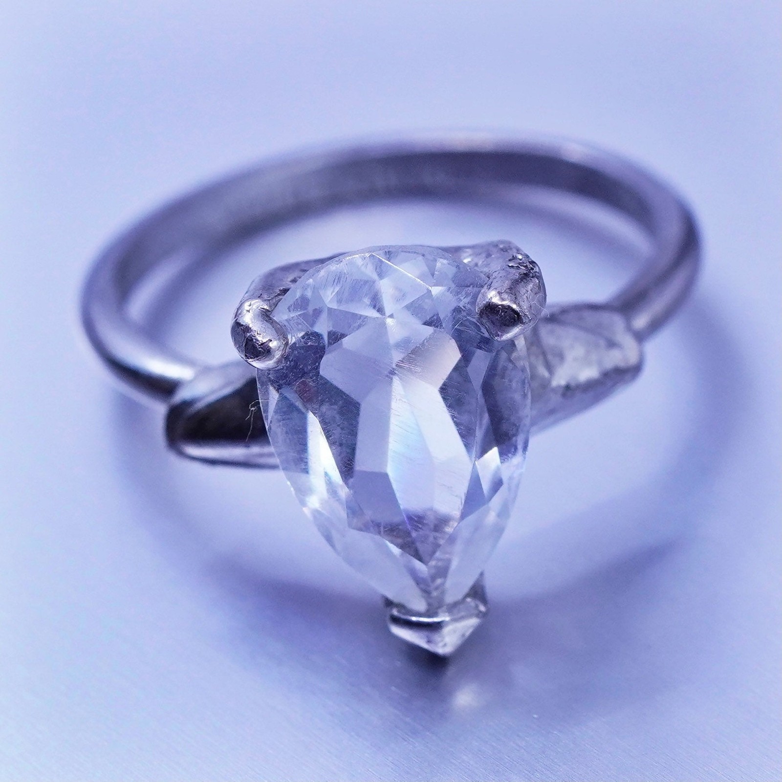 Size 7, vintage Sterling 925 silver engagement ring with teardrop Cz