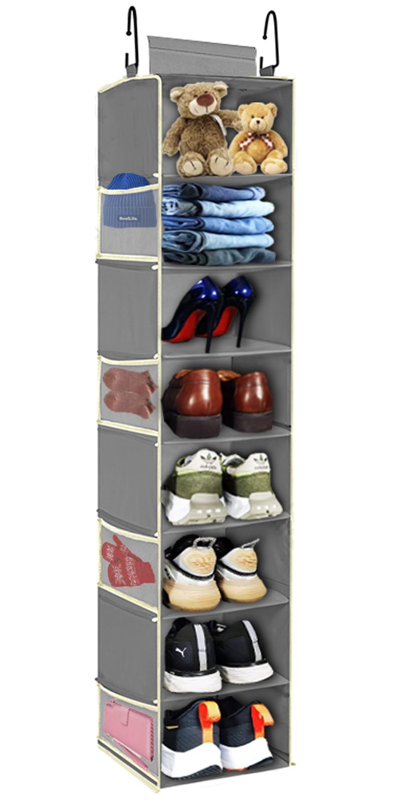 Organizador zapatos colgante gran tamaño con 8 estantes y 8 bolsillos laterales