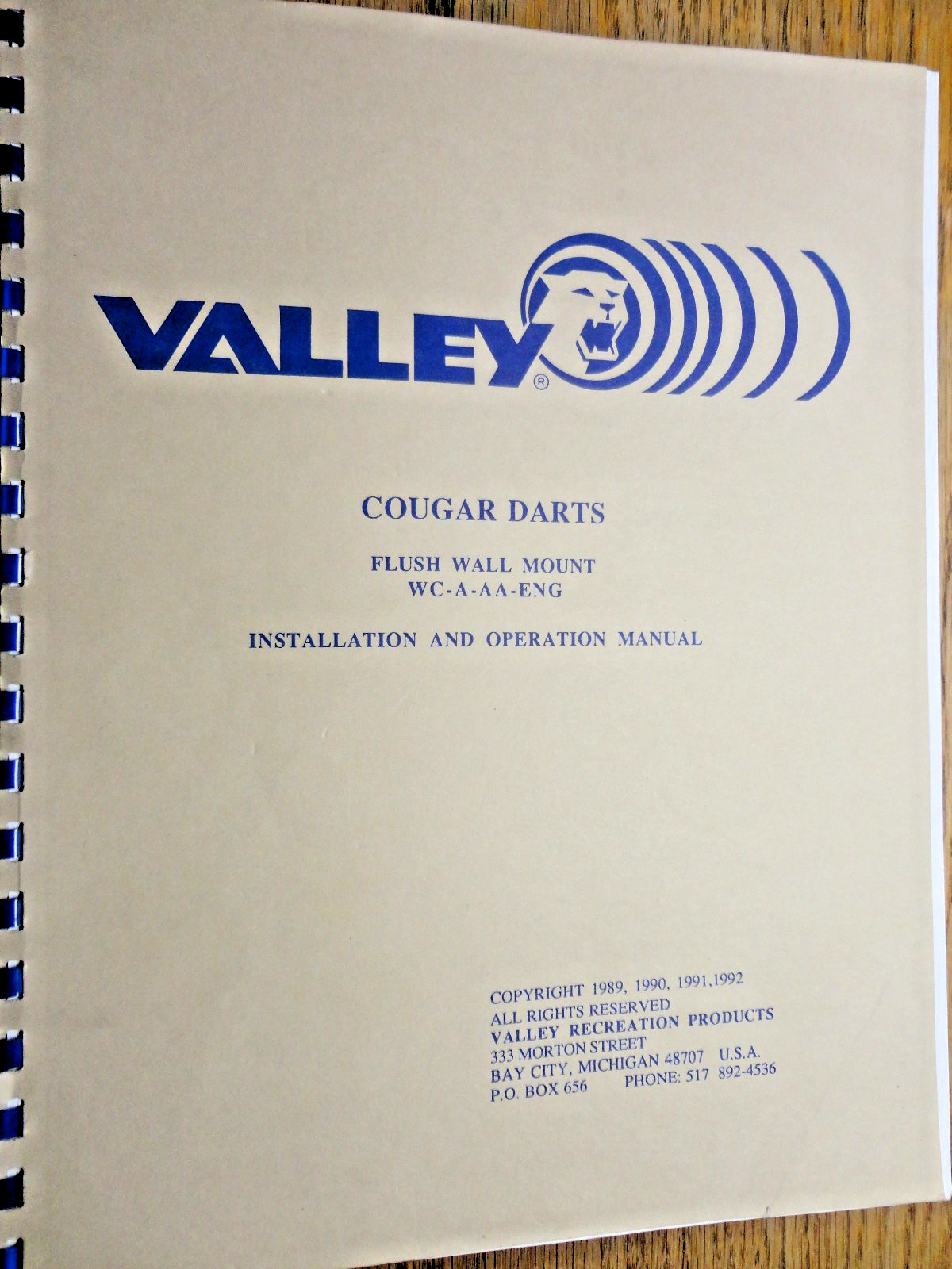 Valley Cougar ,WALL MOUNTED, Dart Game Operators Manual, Good Original