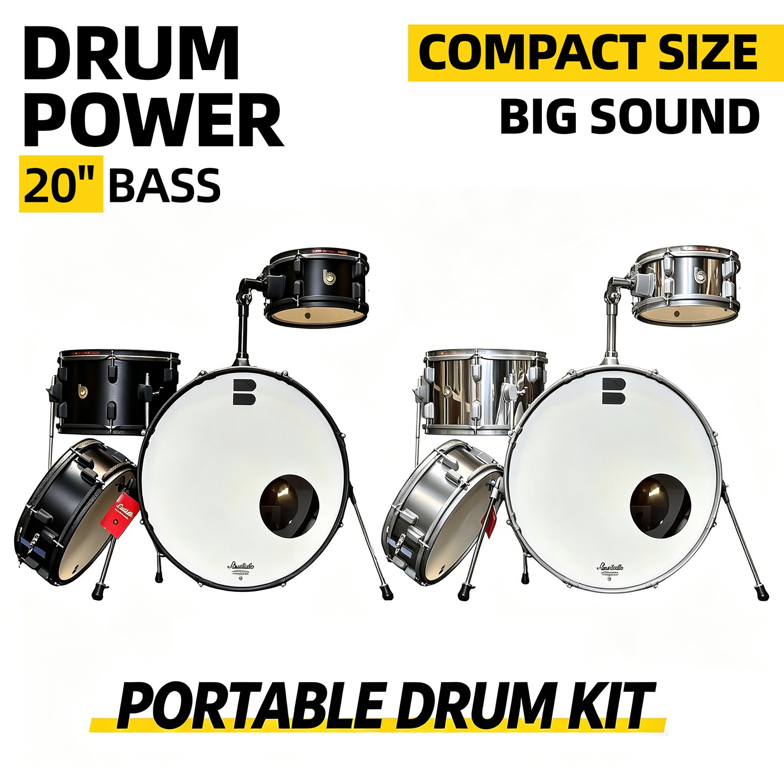 4pc Compact Drum Set 20 Inch Bass Portable Acoustic Kit Black Silver
