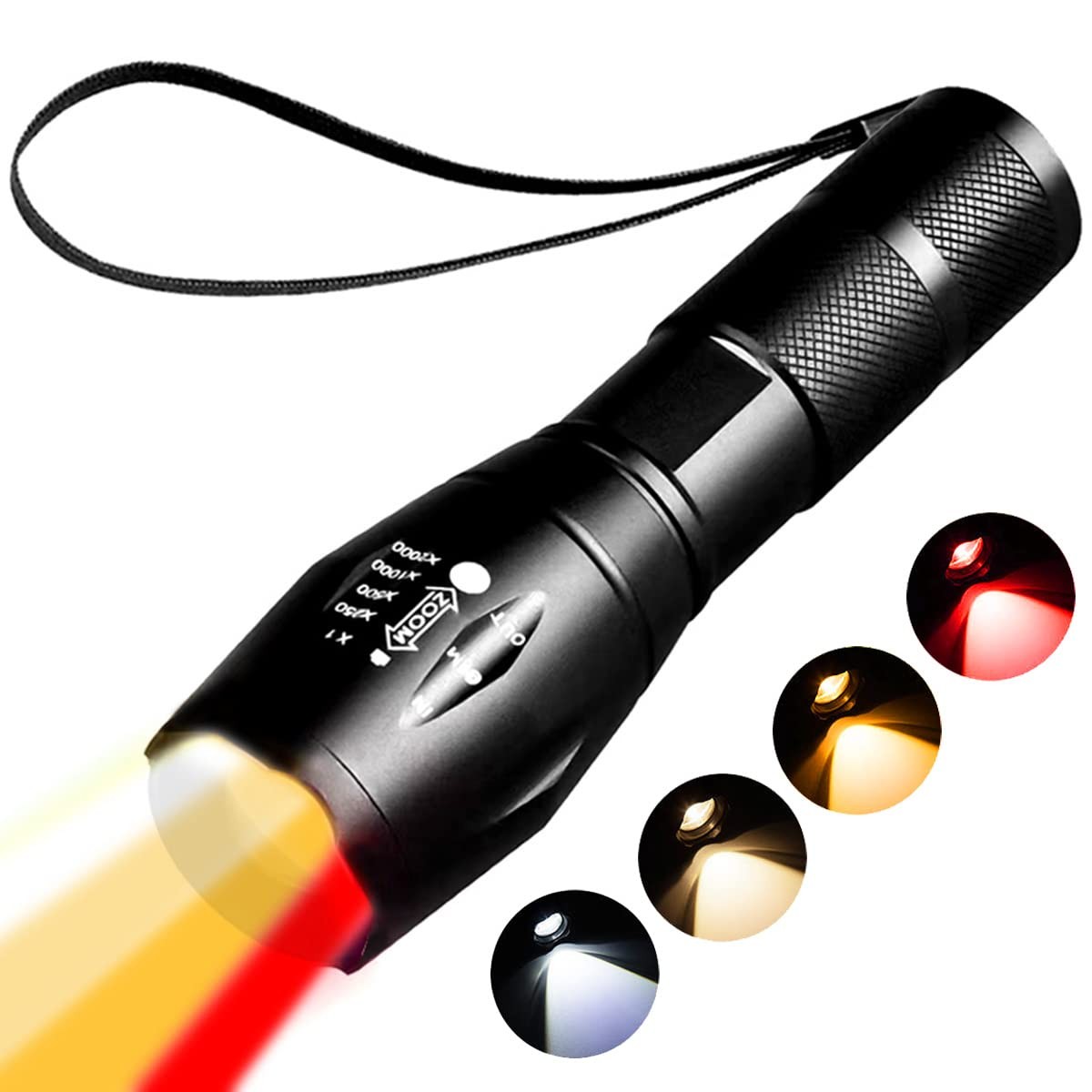 YZYOE Red Light Tactical Flashlight, 4 in 1 White, Yellow, 12.5 cm, Black