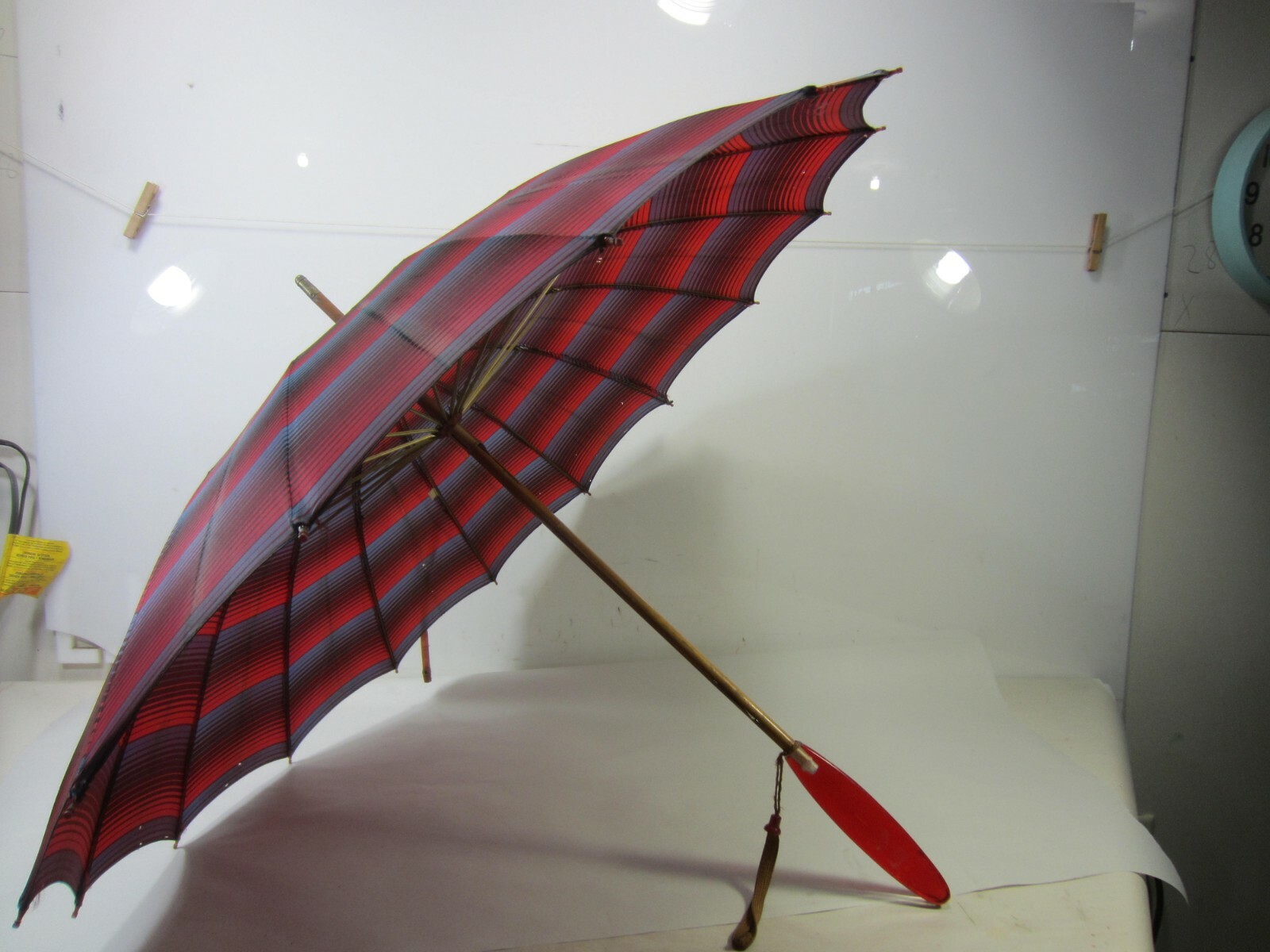 Vintage Red & Blue Striped Umbrella with Long Clear & Red Lucite Handle