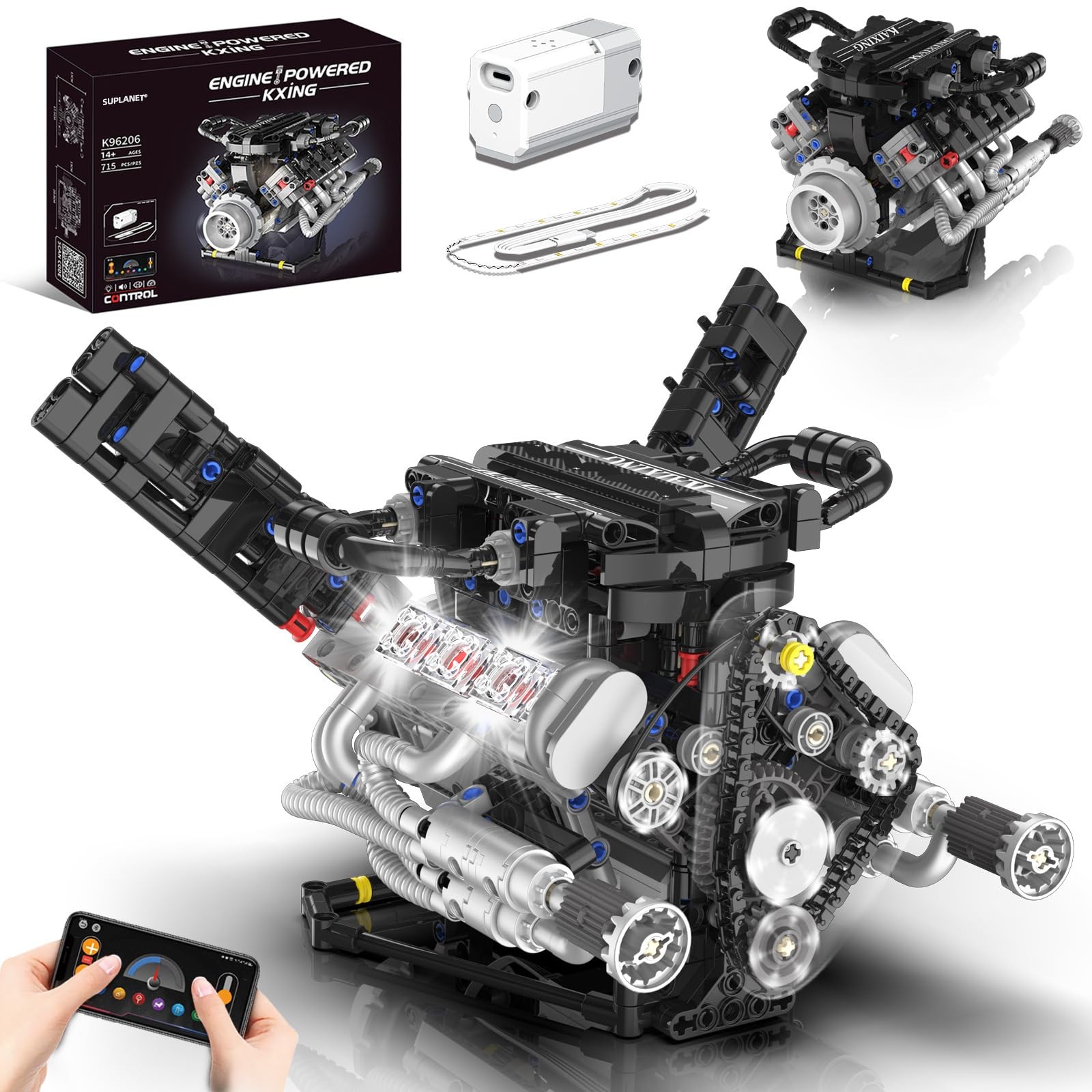LED-Illuminated V8 Engine Model Building Block Kit