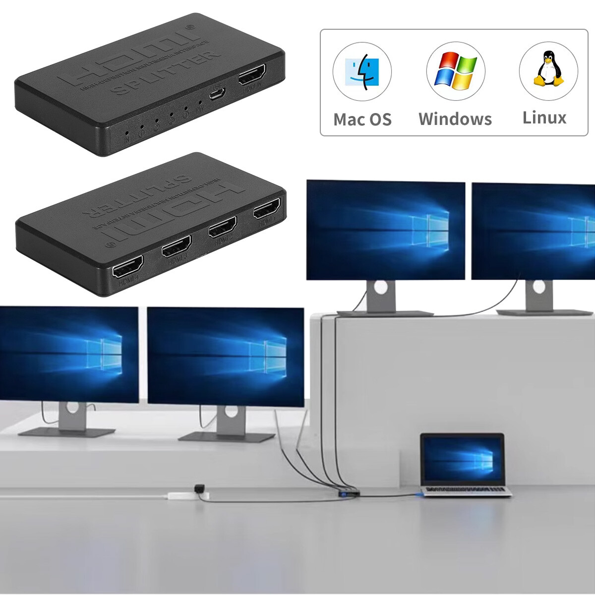 HDMI Splitter 1 In 4 Out 4K UHD HD 1080P 4-Port Repeater Splitter Amplifier 1to4