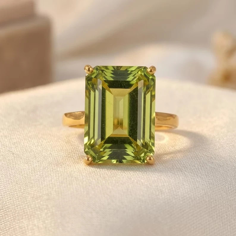 6.00 Ct Emerald Cut Natural Peridot Wedding Ring 14K Solid Yellow Gold