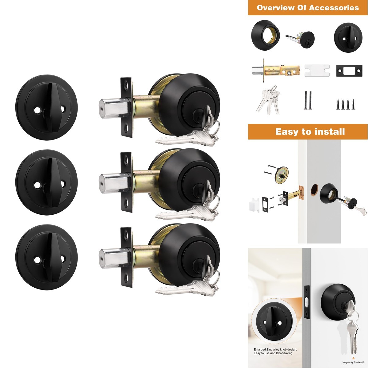 Probrico 3 Pack Black Single Cylinder Deadbolt Lock Set Keyed One Side Door