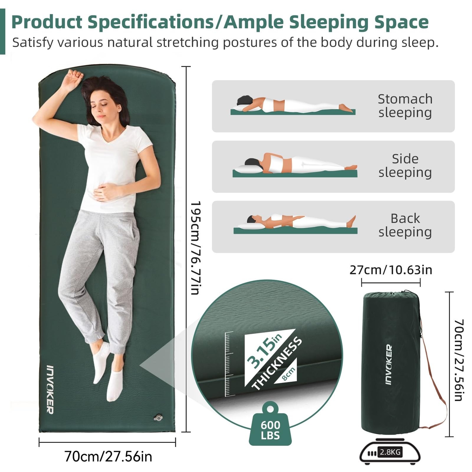 3.15" Self Inflating Camping Sleeping Pad, Ultra-Thick Elasticity Foam Fast I...
