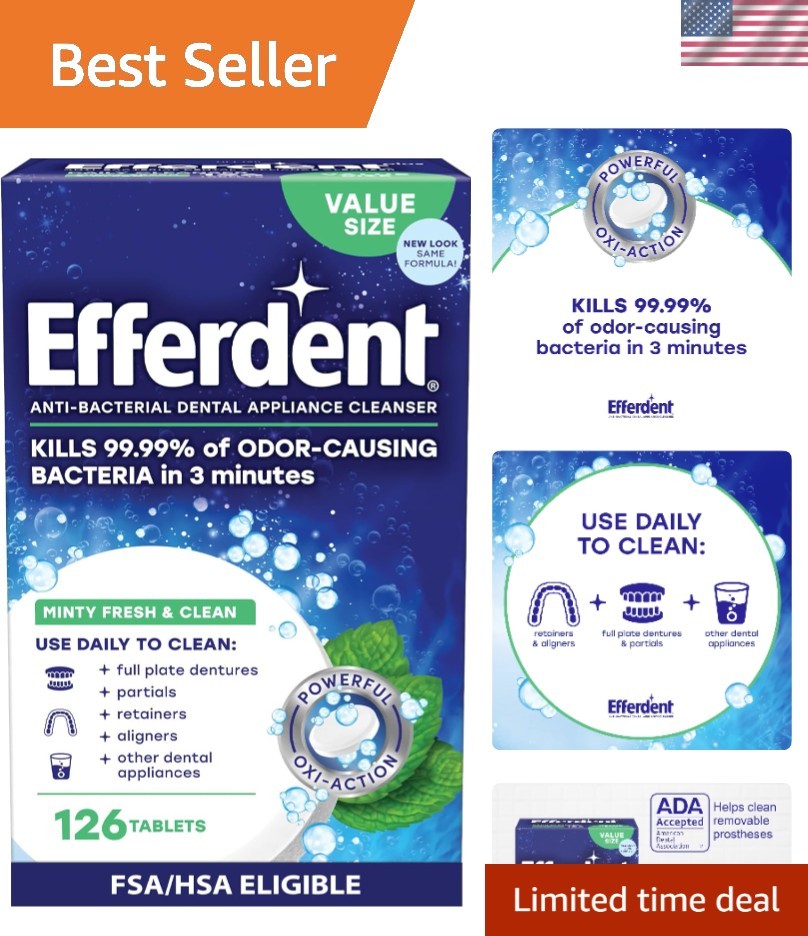 Minty Fresh Dental Appliance Cleaner Tablets – 126 Count, Kills 99.99% Bacteria