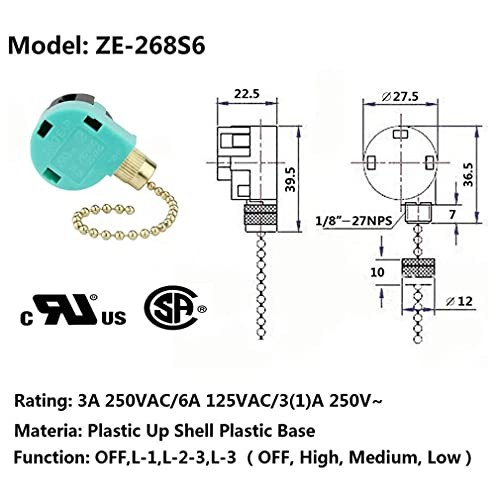 Ceiling Fan Switch Zing Ear ZE-268S6 Pull Chain Switch 3 2PCS ZE-268S6 Gold