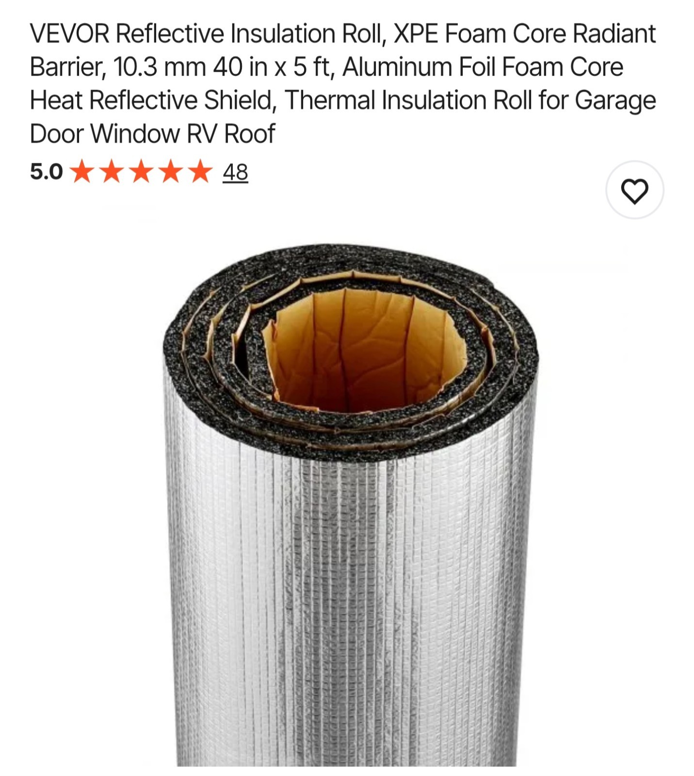 Vevor Reflective Insulation Roll Foam Core Radiant Barrier 40x60x13/32