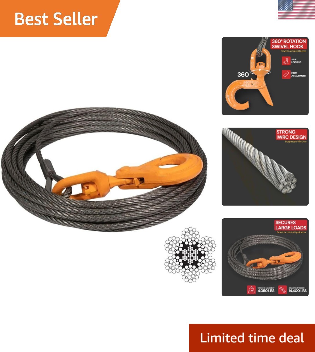 High-Strength 3/8" x 50' Winch Cable - 14,400 lbs Ultimate Safety Feature