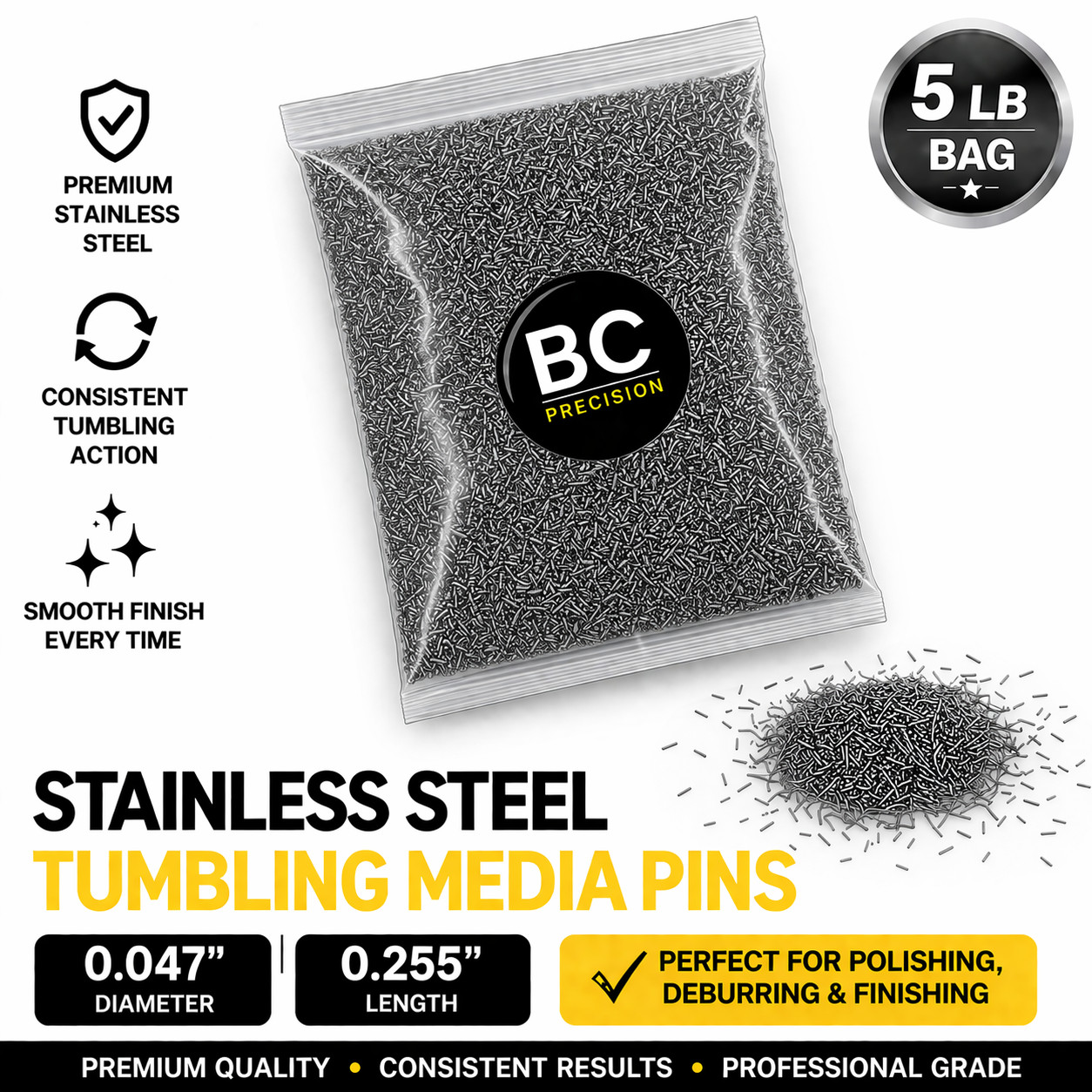 5 lb Stainless Steel Tumbling Media Pins - 0.047" Diameter, 0.255" Length