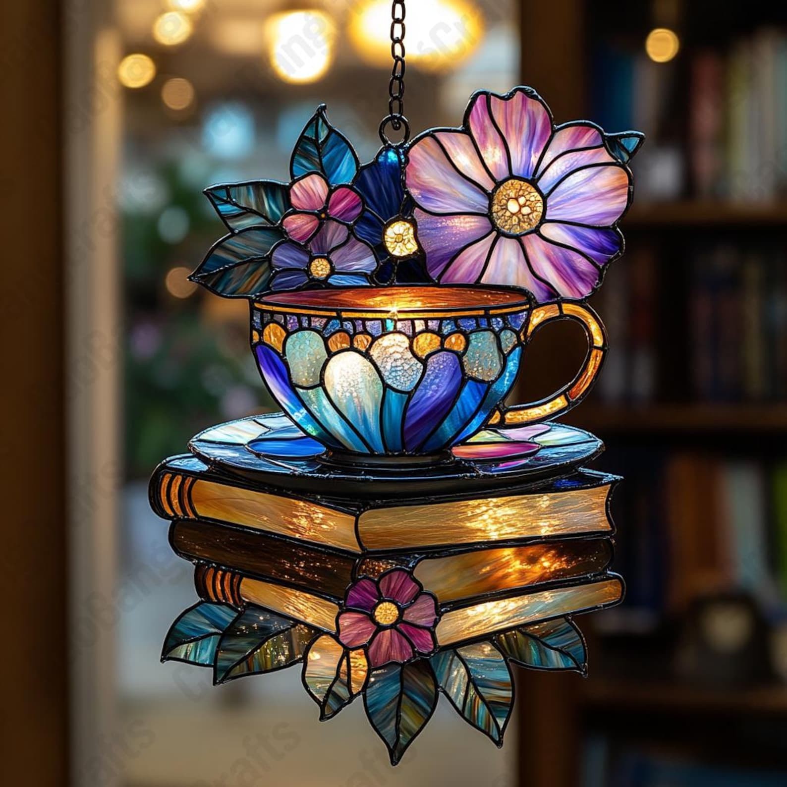 Floral Teacup and Books Acrylic Suncatcher