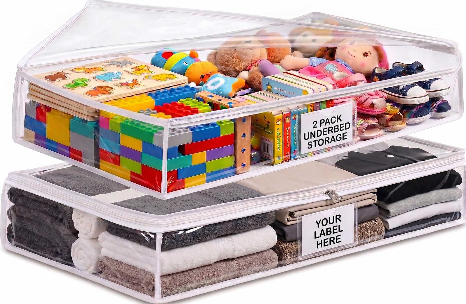 2 Pack Clear Underbed Storage Bags with Zipper and Label Pocket