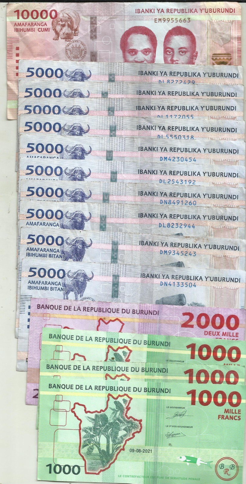 BURUNDI LOT 65000 FRANCS. 15 NOTES. BARGAIN. 3RW 29SET