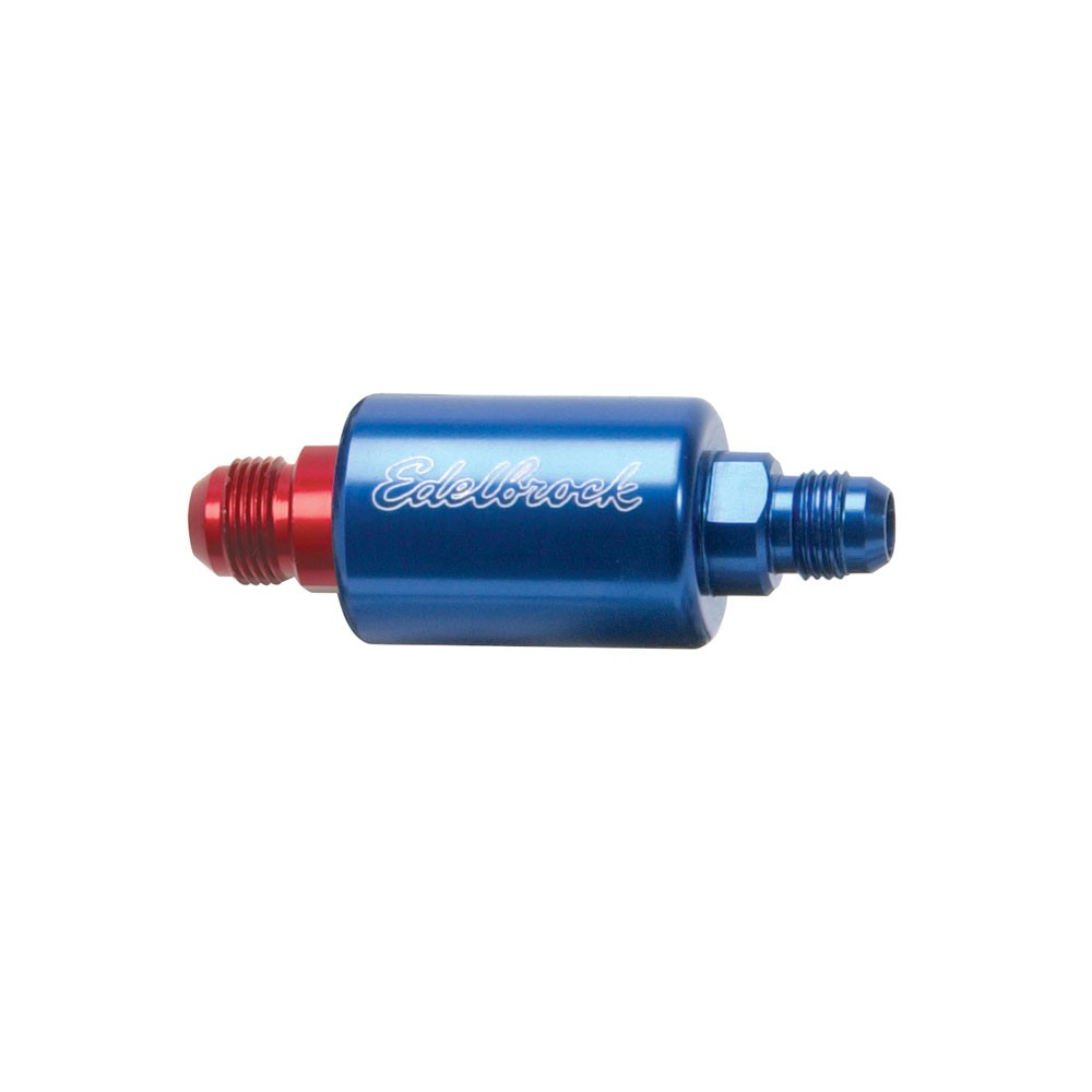 Edelbrock Fuel Filter 8130; 40mic Stainless Steel, Red/Blue -06AN male, Inline