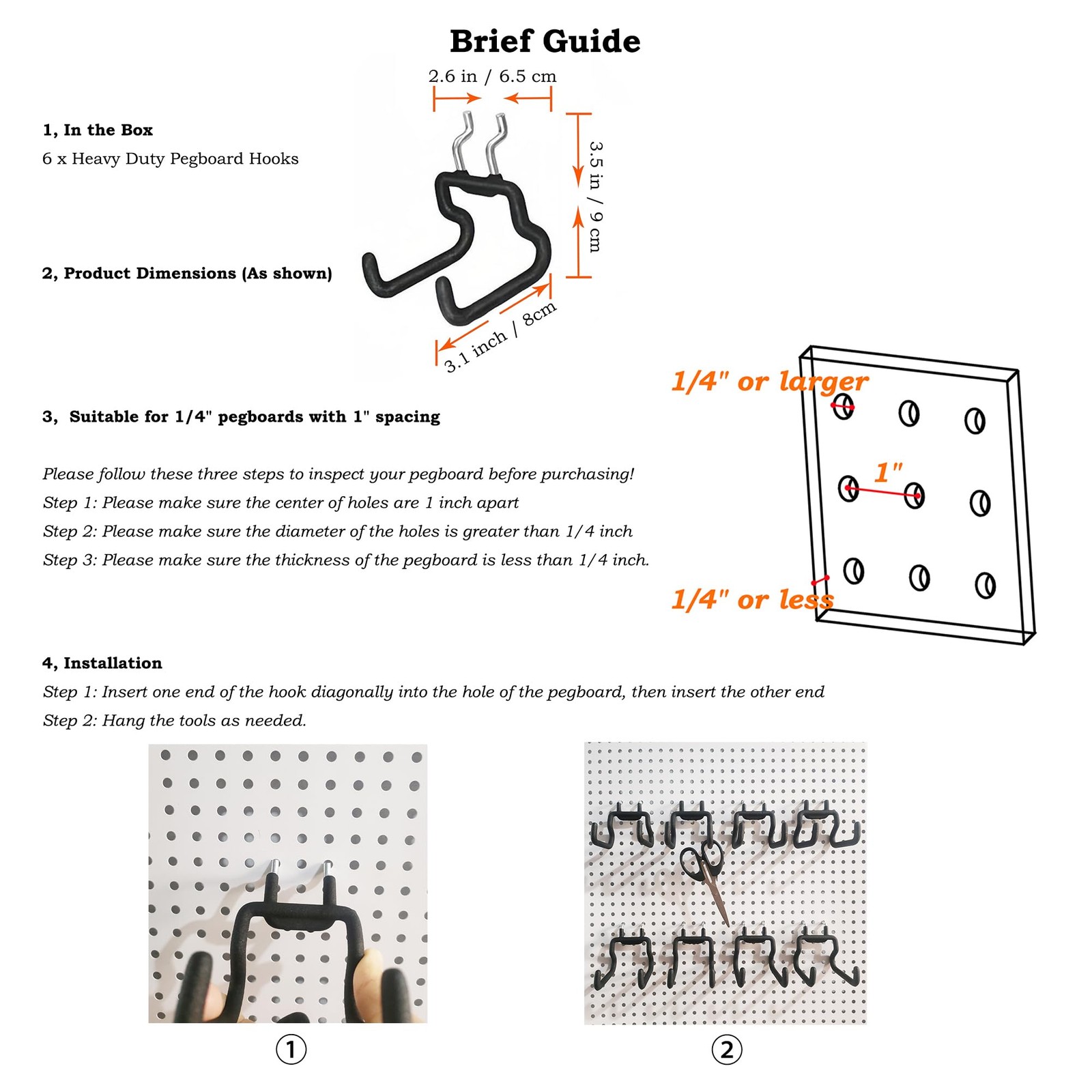 D-PRECIO 6 Pack Pegboard Hooks - Peg Board Tool Utility & Small, Black