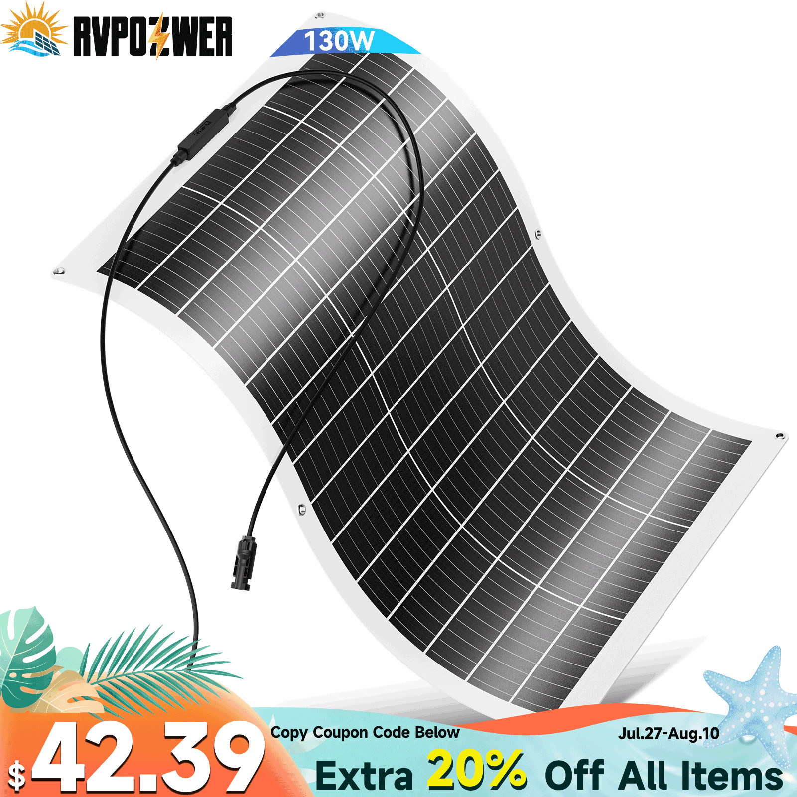 130W Watt Flexible Mono 12BB Solar Panel 12V Volt Car Home Rooftop Camping