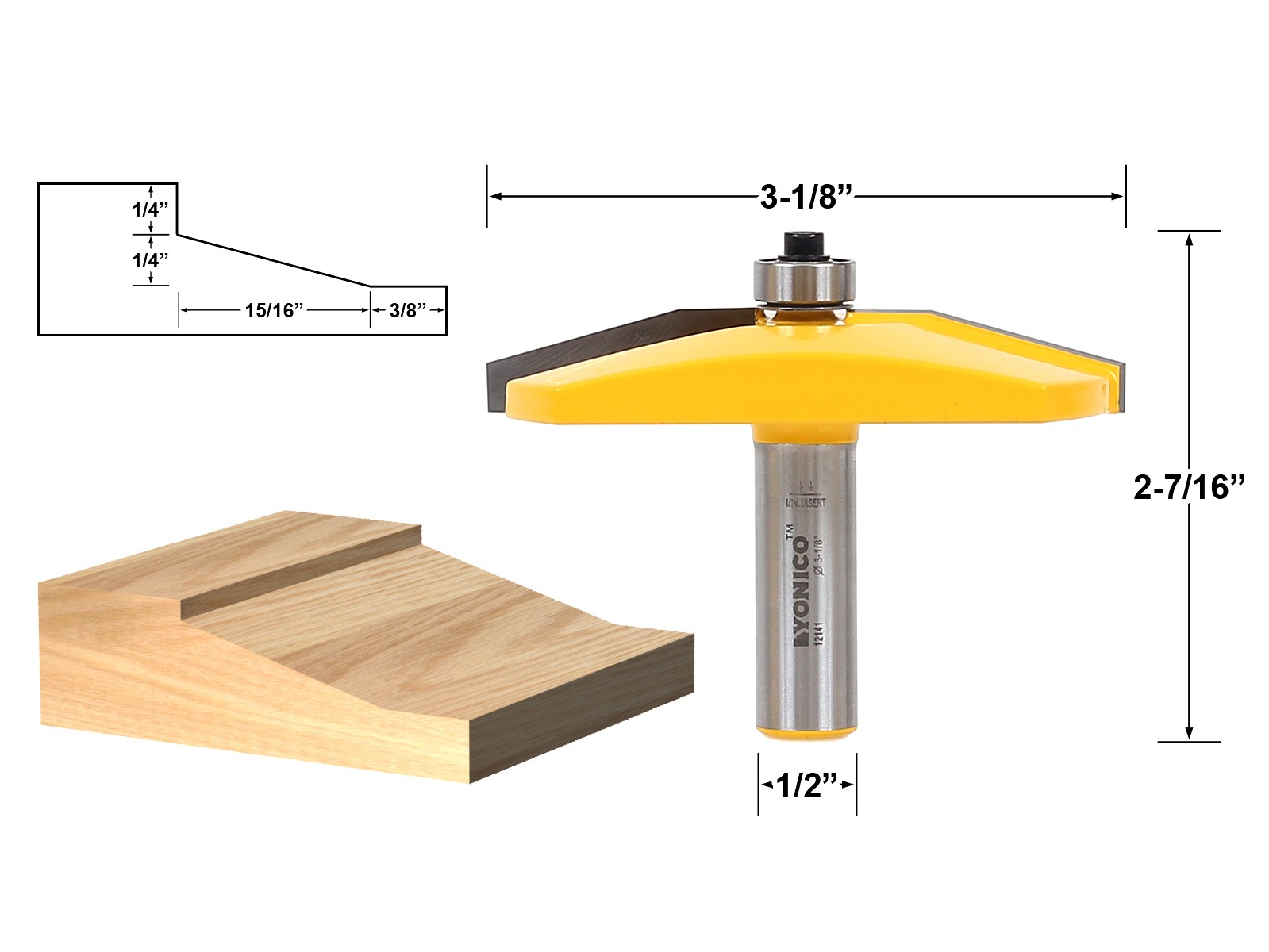3-1/8" Diameter Bevel Raised Panel Router Bit - 1/2" Shank - Yonico 12141