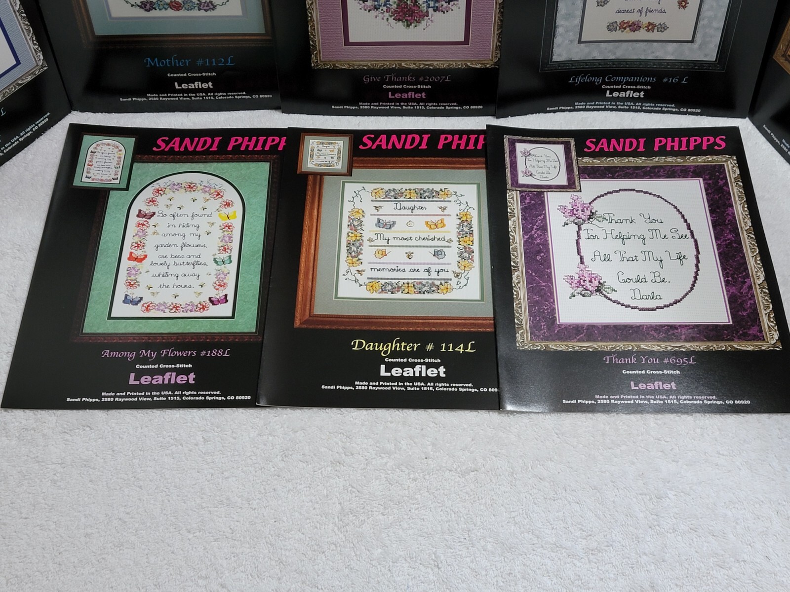 8 NEW ASSORTED SANDI PHIPPS COUNTED CROSS STITCH PATTERN LEAFLETS NEEDLEWORK
