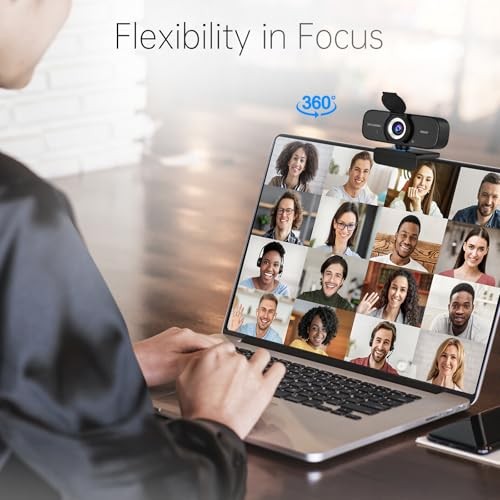 1080P HD Webcam with Noise-Canceling Mic, Auto Light Correction, Deep Black