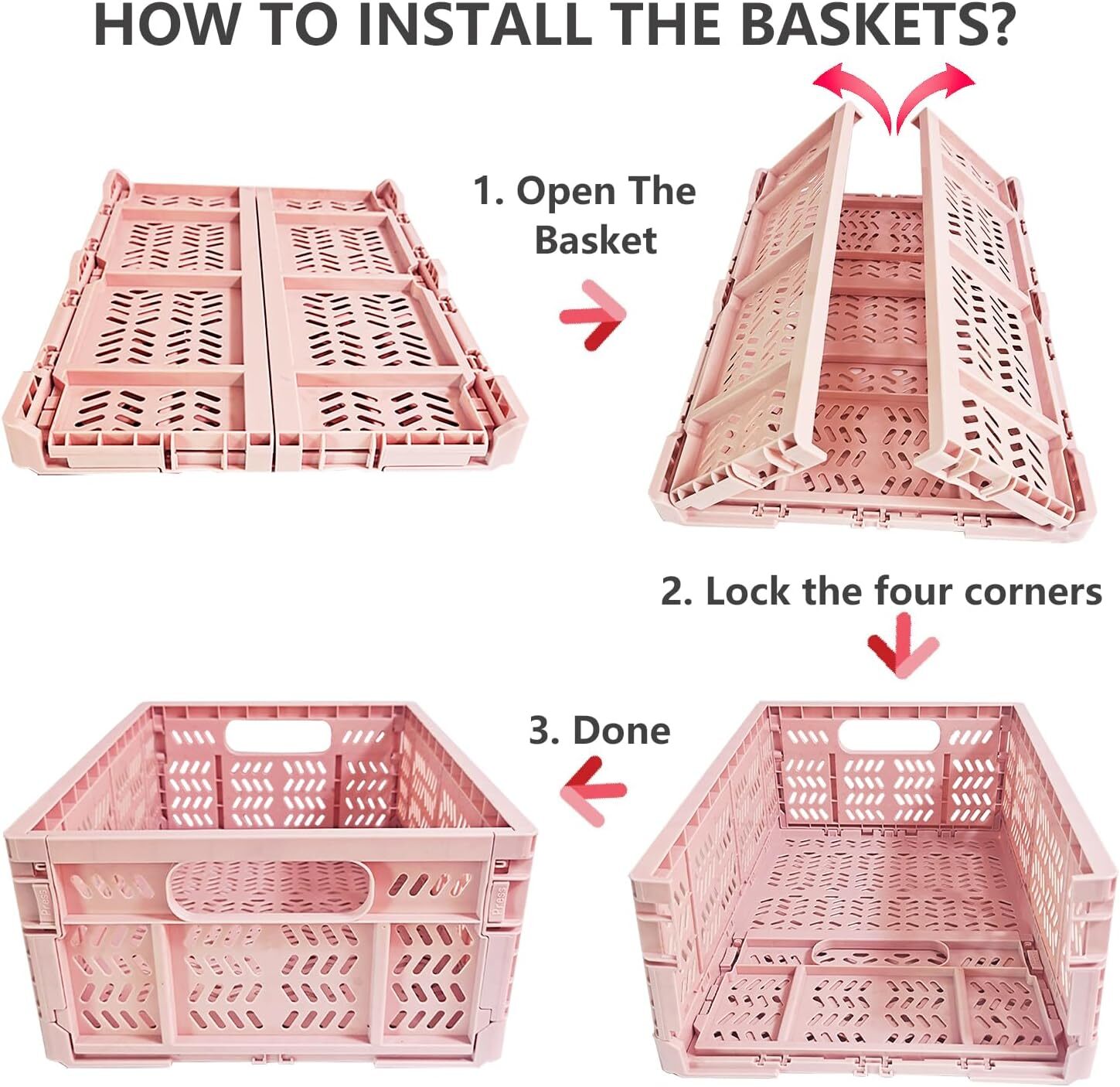 20L Foldable Crates, 4Pack Plastic Baskets for Home and LT PINK-4PACK
