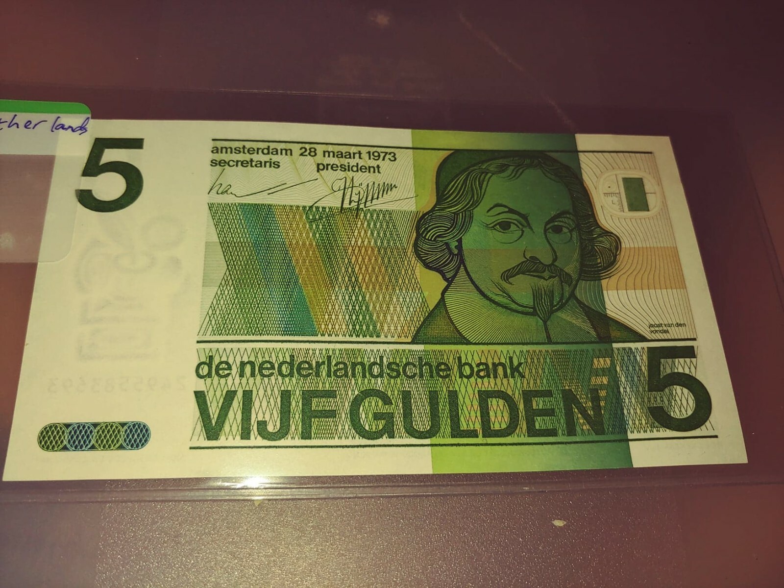 1973 Netherlands 5 Gulden used currency note