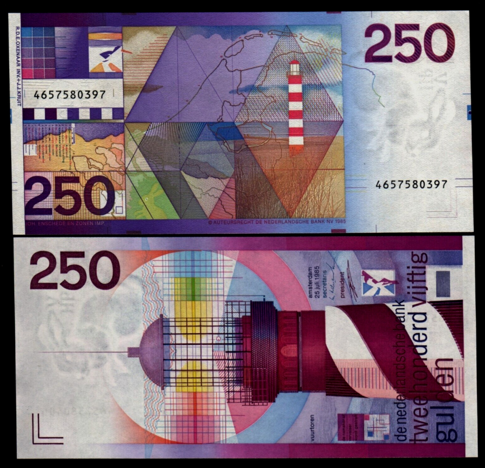 Netherlands 250 GULDEN P-98 1985 Pre Euro UNC Dutch Lighthouse Money RARE NOTE