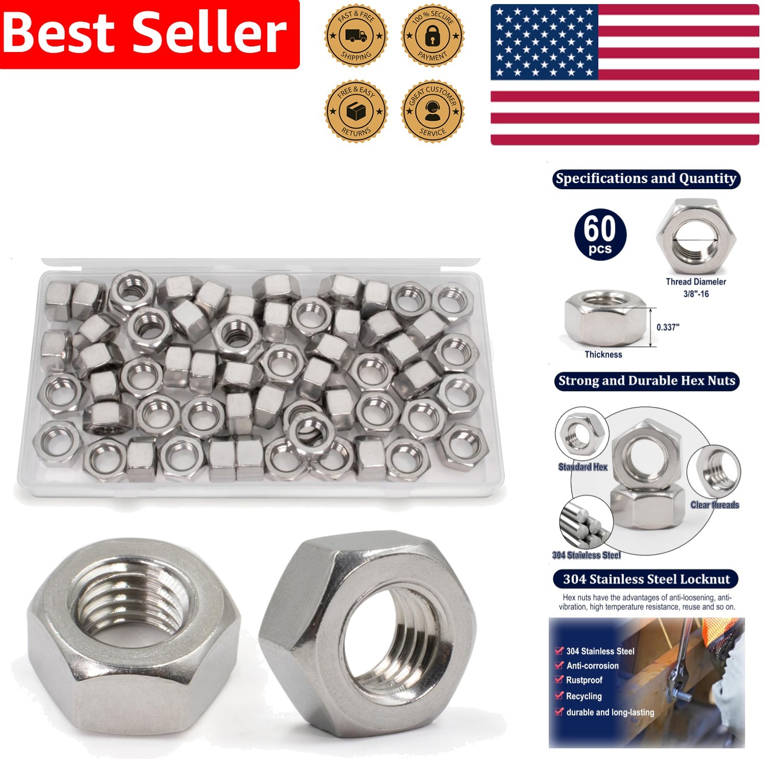 -16 304 Stainless Steel Standard Inch Coarse 60 piece Set