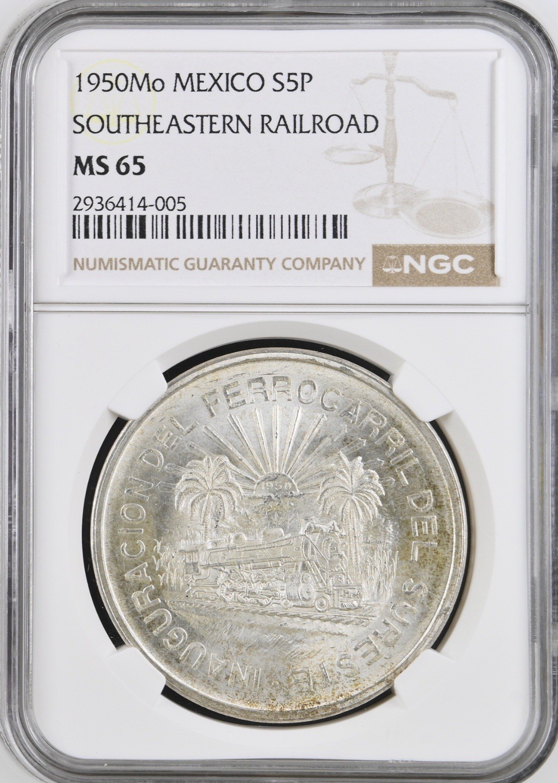 1950-MEXICO SILVER 5 PESOS-SOUTHEASTERN RAILROAD-NGC MS 65 Gem!