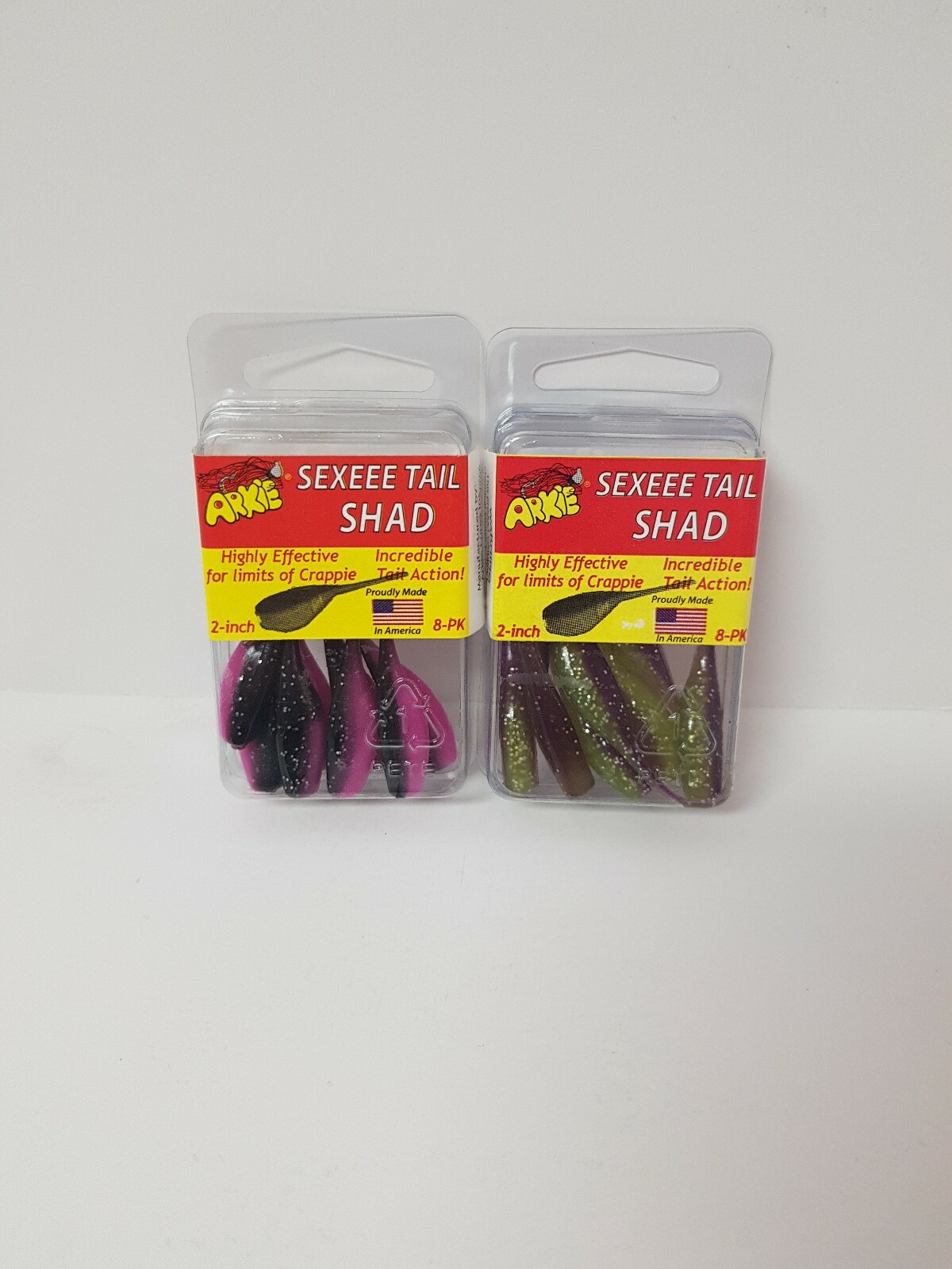 2 PACKS Arkie Sexeee Tail Soft Shad Fishing Lures BUBBLEGUM And SOUR GRAPE