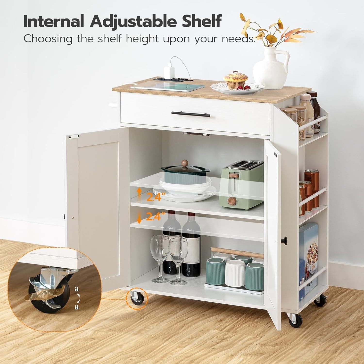 Kitchen Island with Power Outlet Storage Cart Rolling Spice Rack Modern White