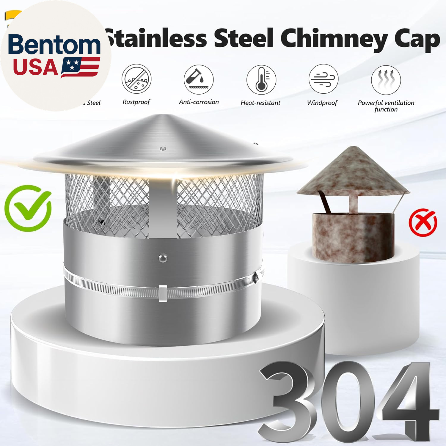 8 Inch Chimney Cap, 8" Stainless Steel Cone Top Chimney Cap with Screen, Adjusta