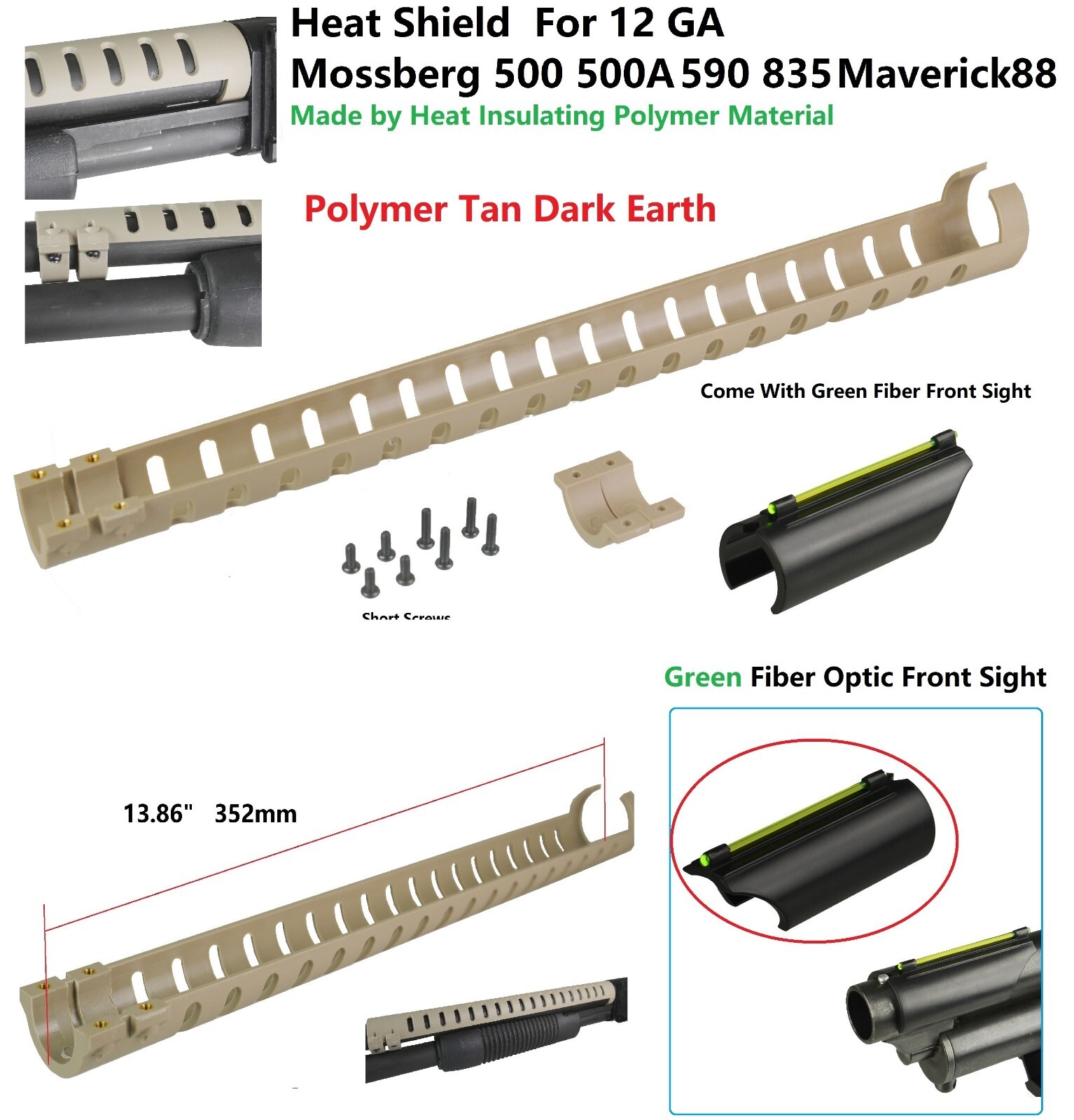 Tan Heat Shield Mossberg 12 GA 500/500A/590/835/Maverick 88 Shotgun+Fiber Sight