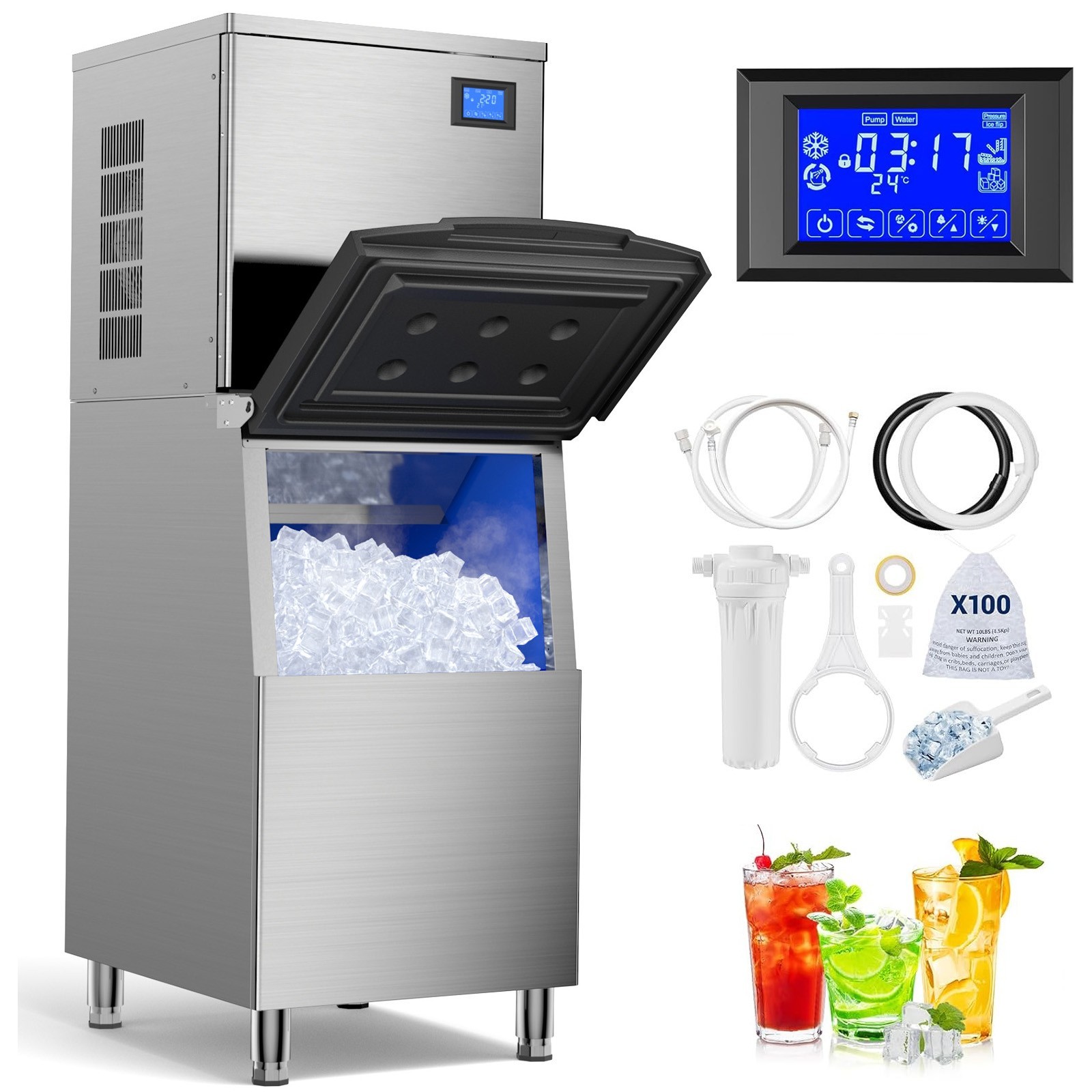 Heavy Duty 600Lbs/24H Commercial Ice Maker Machine 450LBS Industrial Ice Machine