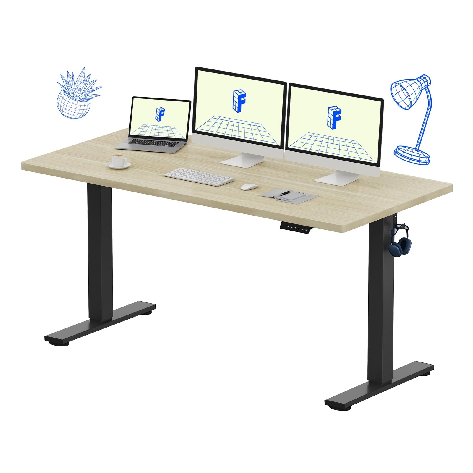 EN1 Electric Standing Desk 60x24 White Wood Grain 4 Presets 176 LBS Seamless