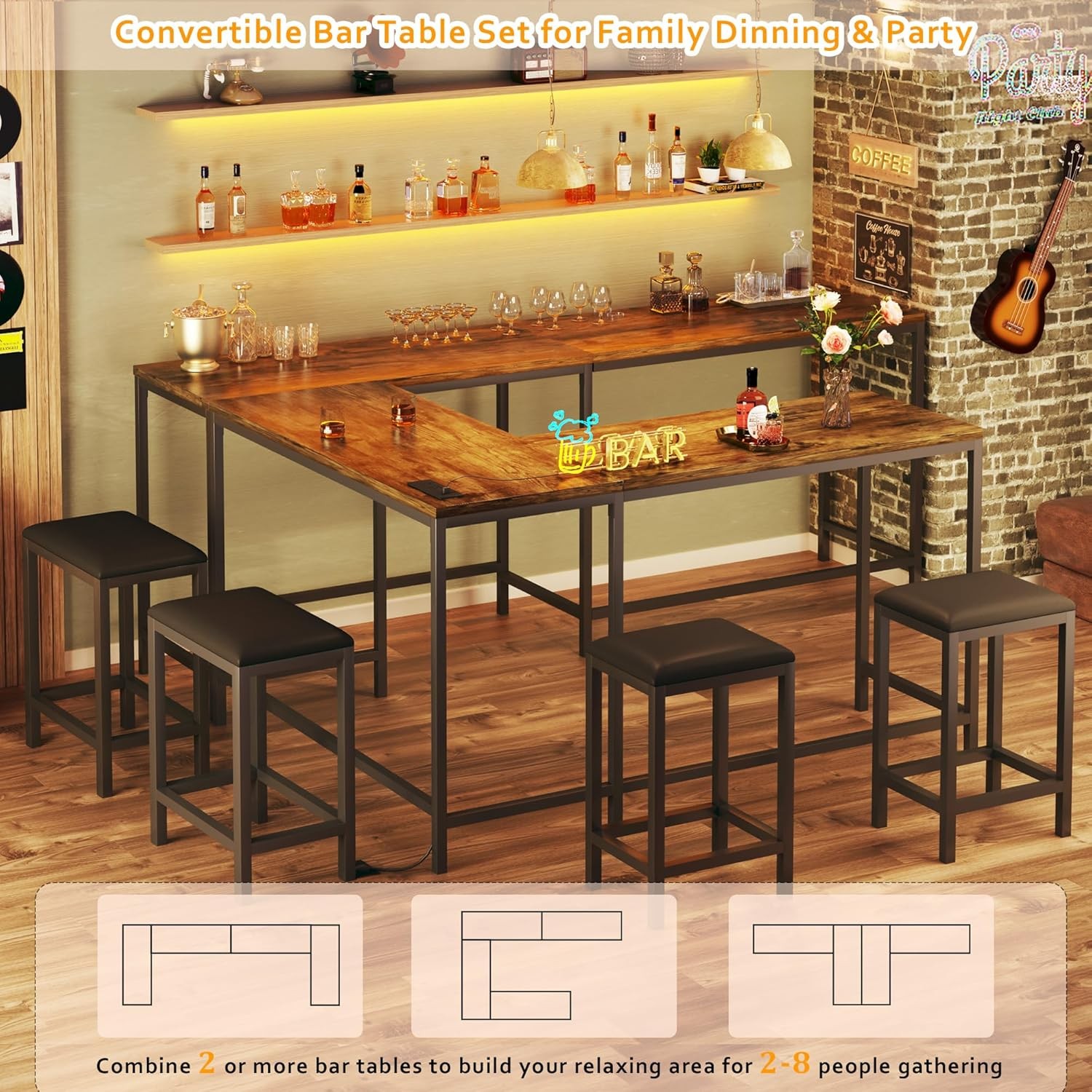 L Shaped Bar Table with Stools, 63‘’ Bar Height Table with Power Outlets,