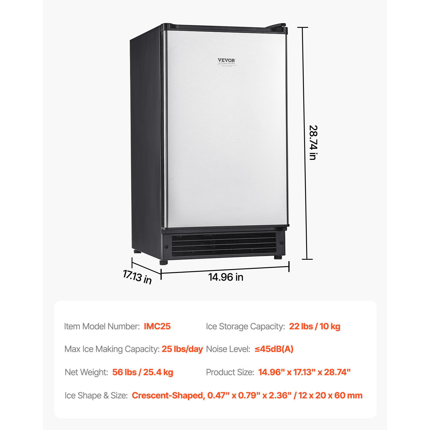 25Lb Undercounter Commercial Ice Maker 15" Built-in crescent Ice Maker Machine