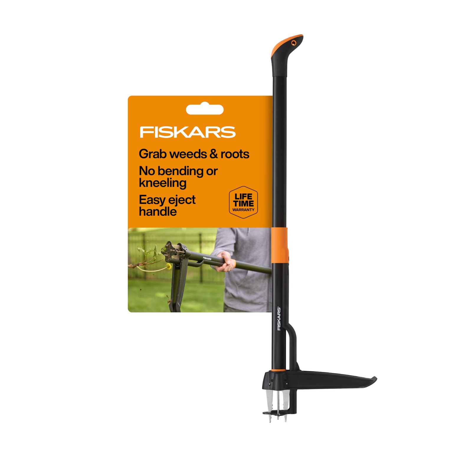 Fiskars Stand-Up Weed Puller Tool, 4 Serrated Stainless Steel 4-Claw, Orange