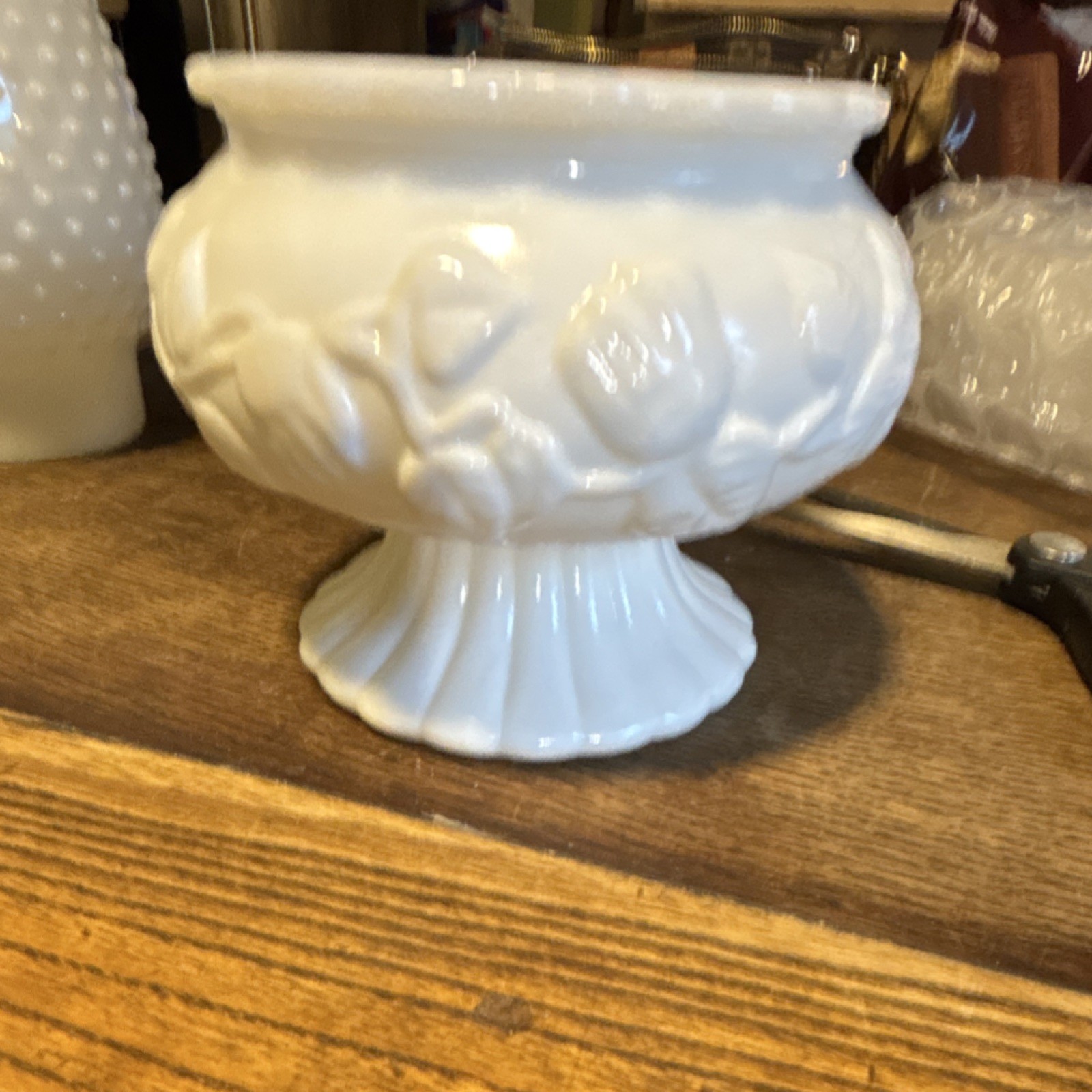White Glossy Ceramic Pedestal Planter Pot, Round Raised Floral Pattern Indoor