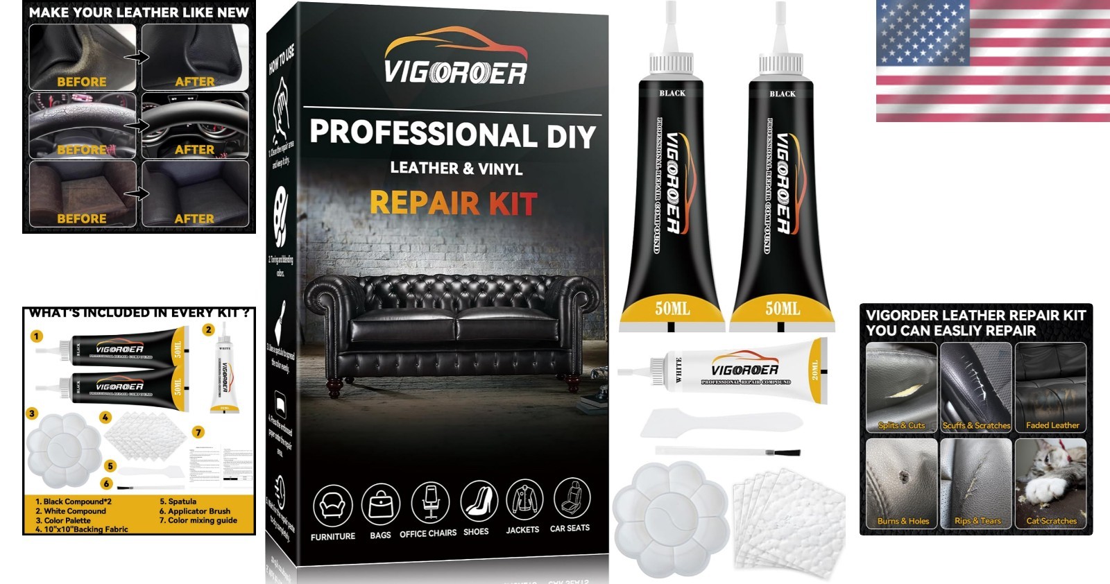 Black Leather Repair Kit for Furniture, Leather Seat Repair Kit for Cars, Easily