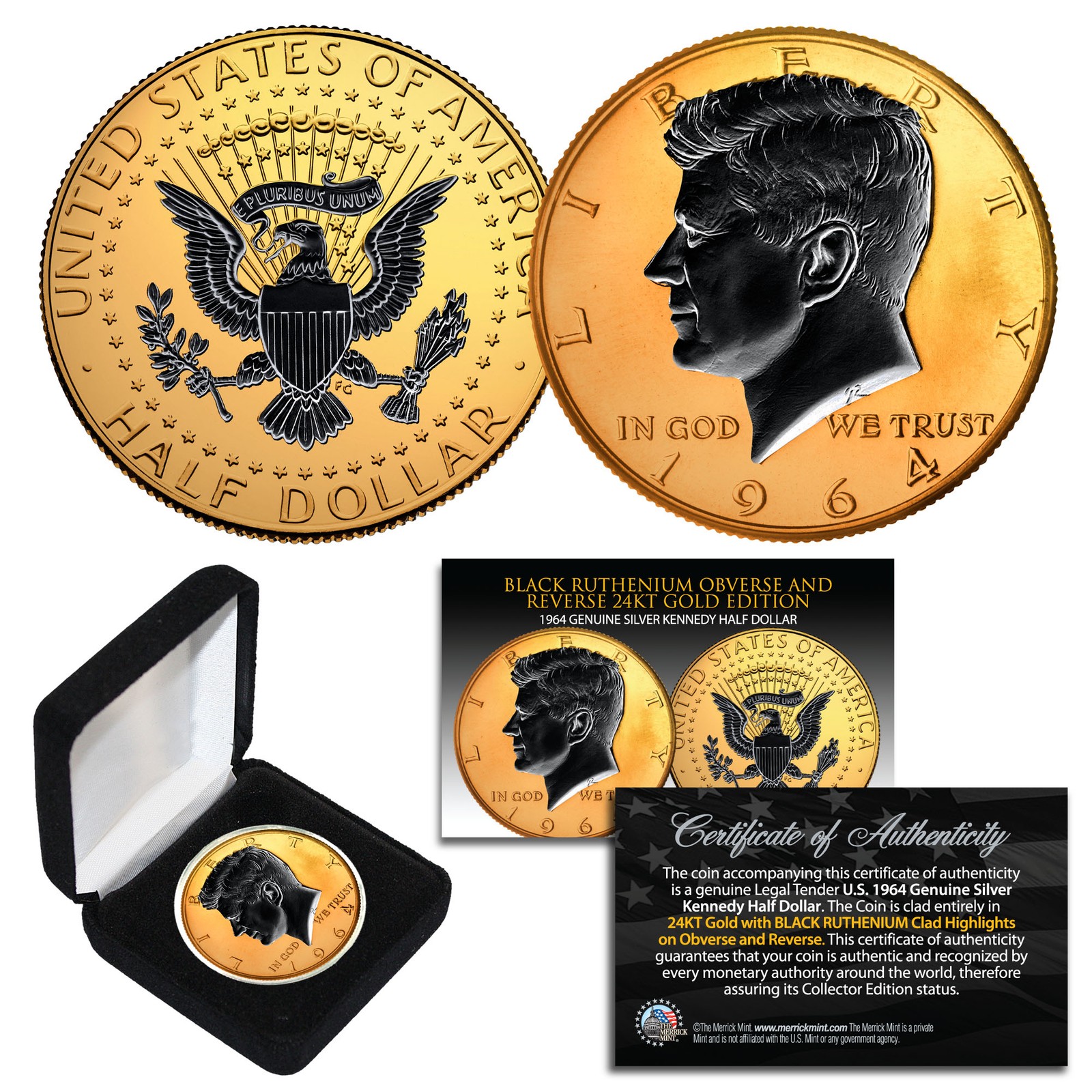 1964 BU Silver JFK Half Dollar 2-Sided 24K GOLD & Black Ruthenium Detail w/BOX
