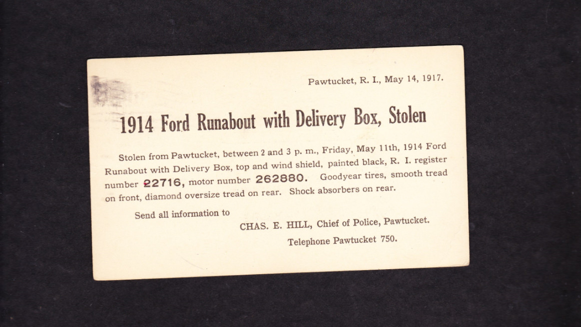 PAWTUCKET R.I. POLICE 1917 POSTAL CARD STOLEN 1914 FORD RUNABOUT  J140