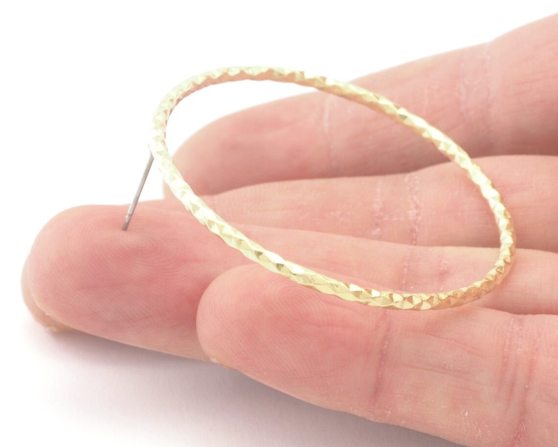 1 pair Big Circle Hoop Textured Earrings Base Stud, Raw brass , 46mm 4602