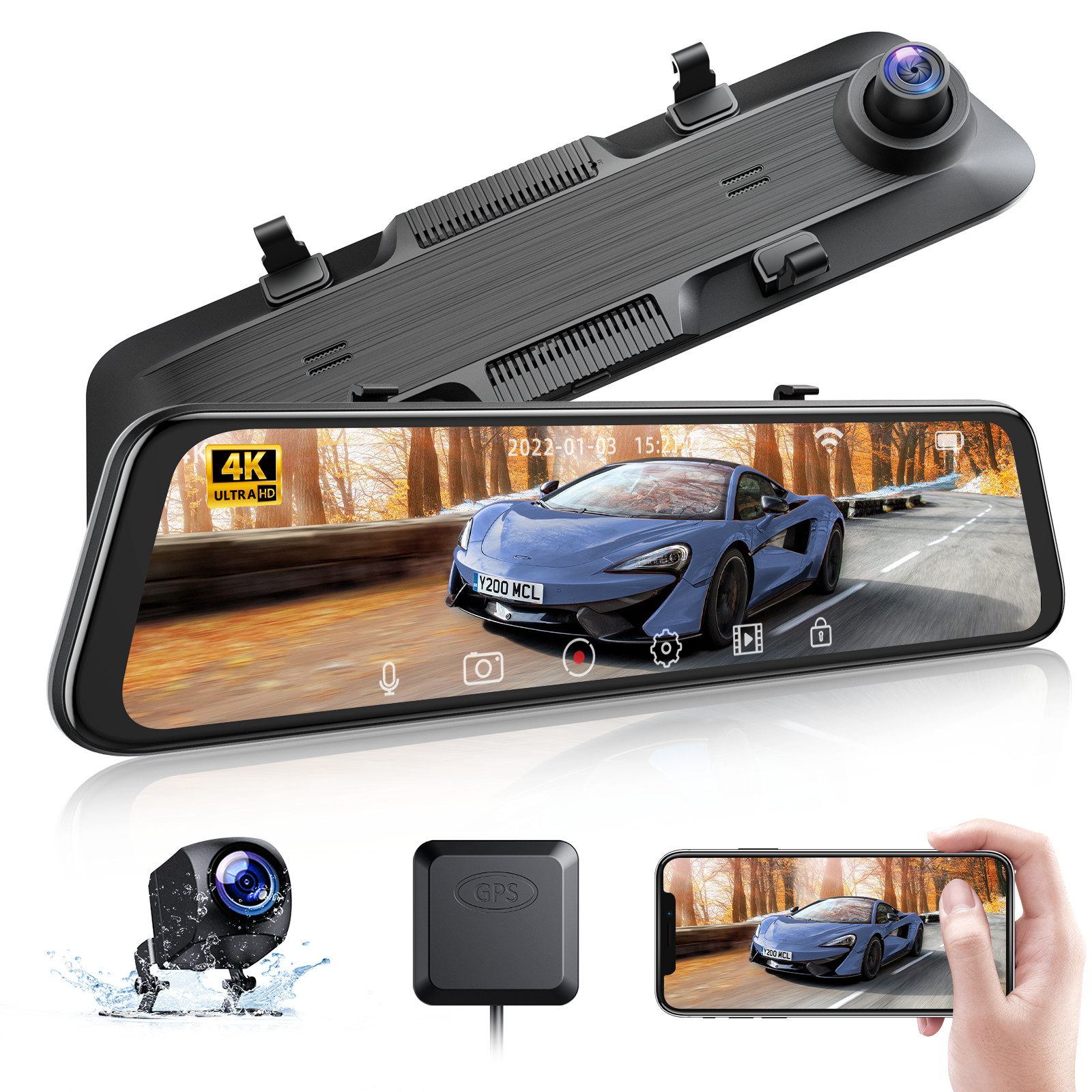 TOGUARD 12" WiFi GPS Mirror Dash Cam 4K 1080P Rear View Mirror Dash Camera