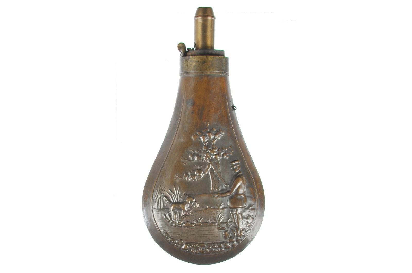 Late 1800's Gunpowder Flask w/Hunting Dog Scene Motif Copper & Brass