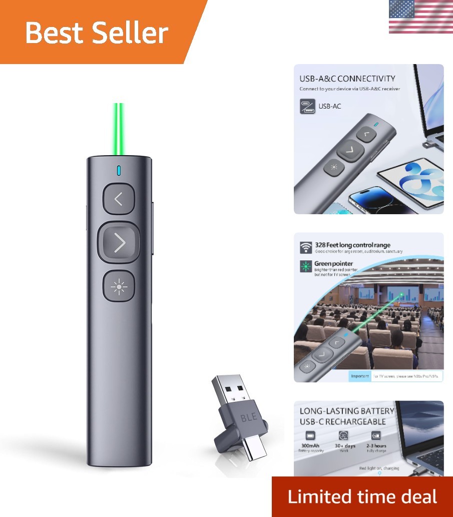 USB-A & C Wireless Presentation Clicker with Bright Green Pointer - Rechargeable