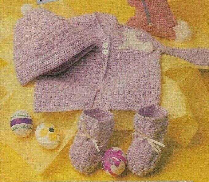BUNNY SWEATER SET BABY BOOTIES & HAT DIGEST SIZE CROCHET PATTERN INSTRUCTIONS