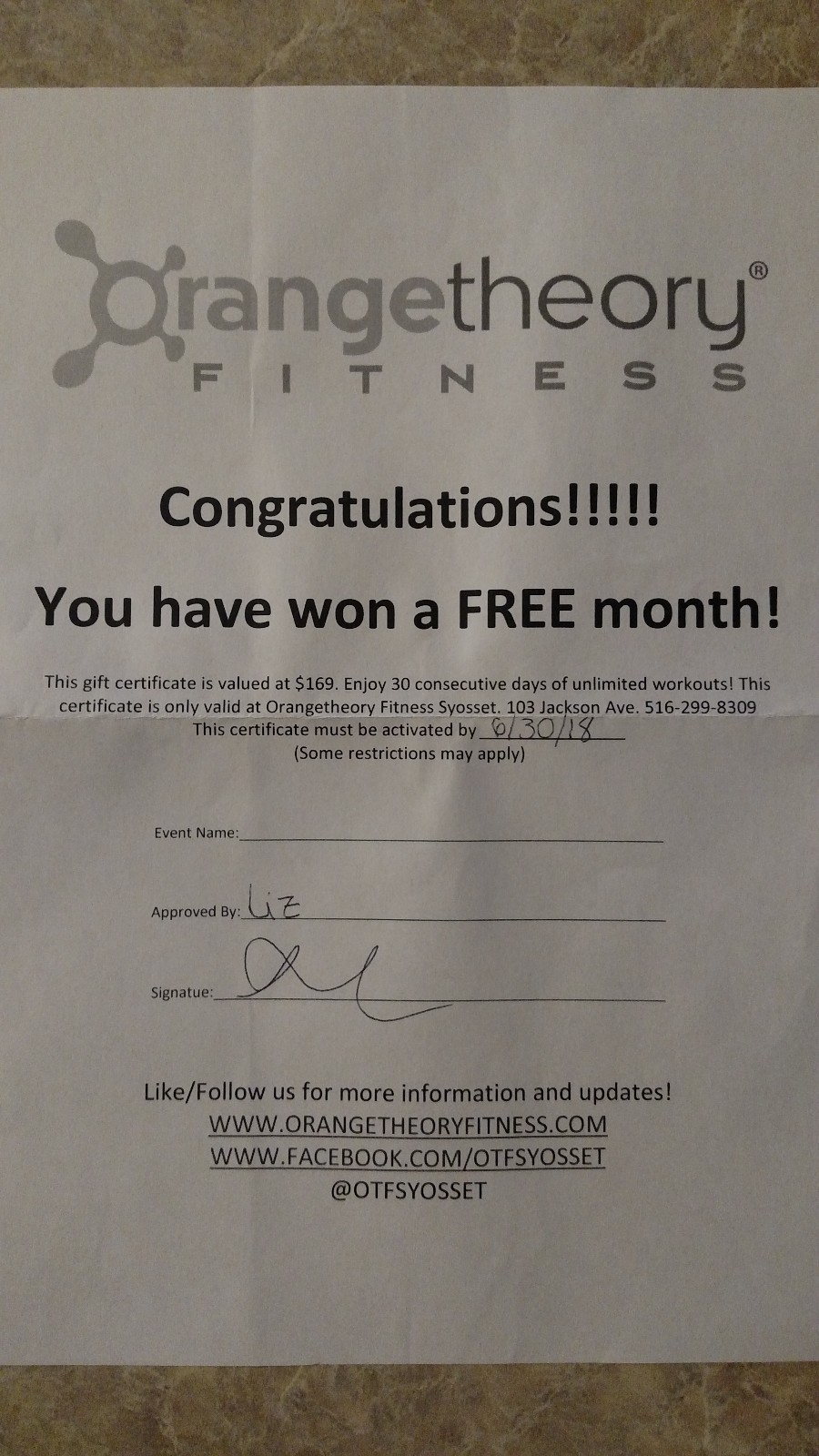 Orange Theory Fitness One Month Unlimited Sessions $169 value for only $150!
