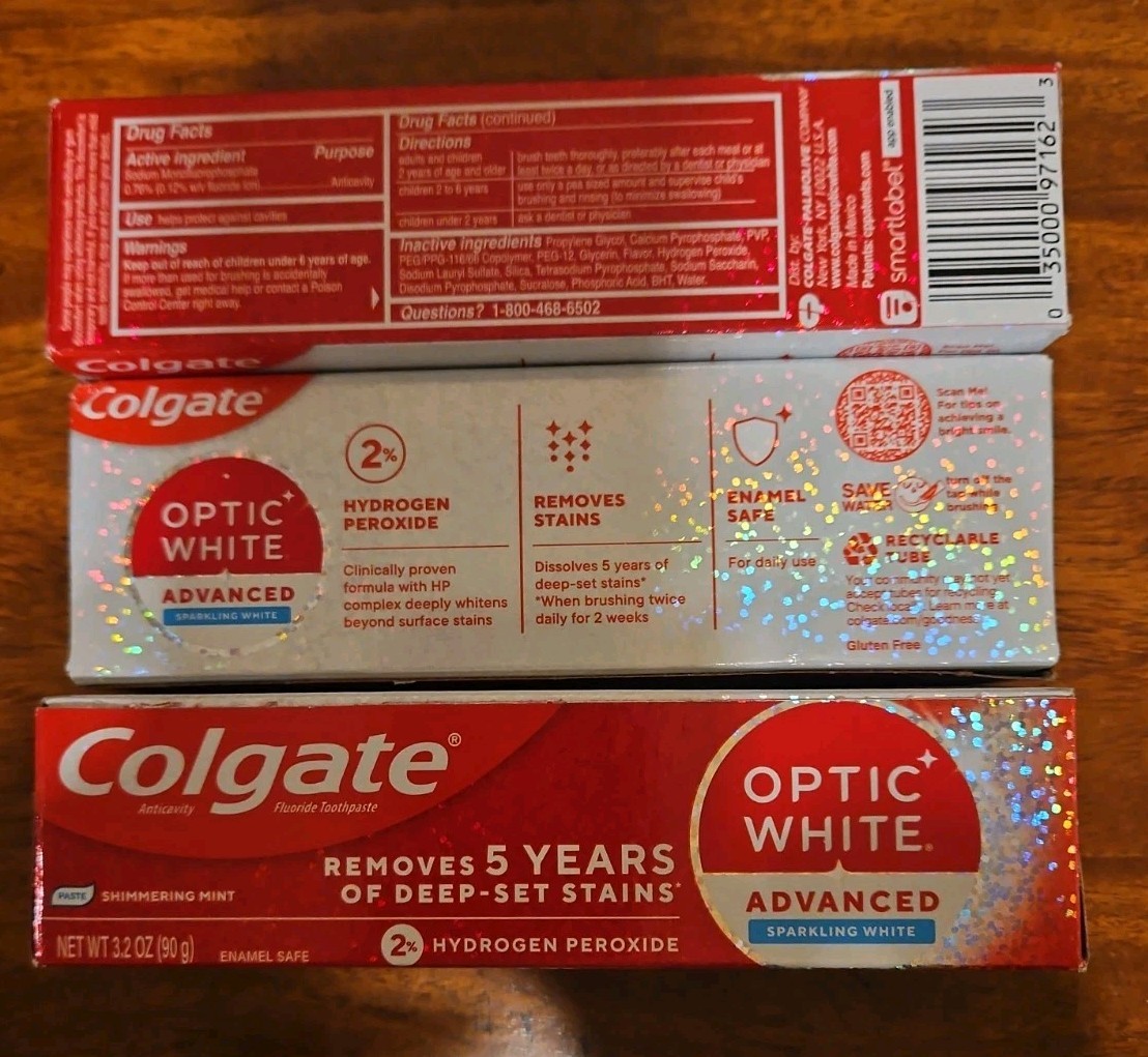 3 Colgate Optic White Advanced Whitening Toothpaste Sparkling White 3.2 oz